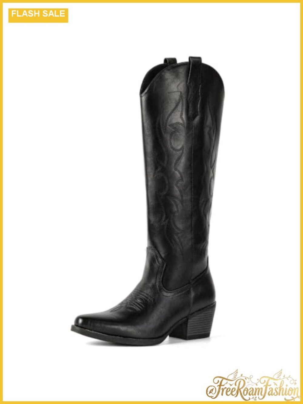 Knee High Cowboy Boots Wide Calf Embroidered Cowgirl Faux Leather